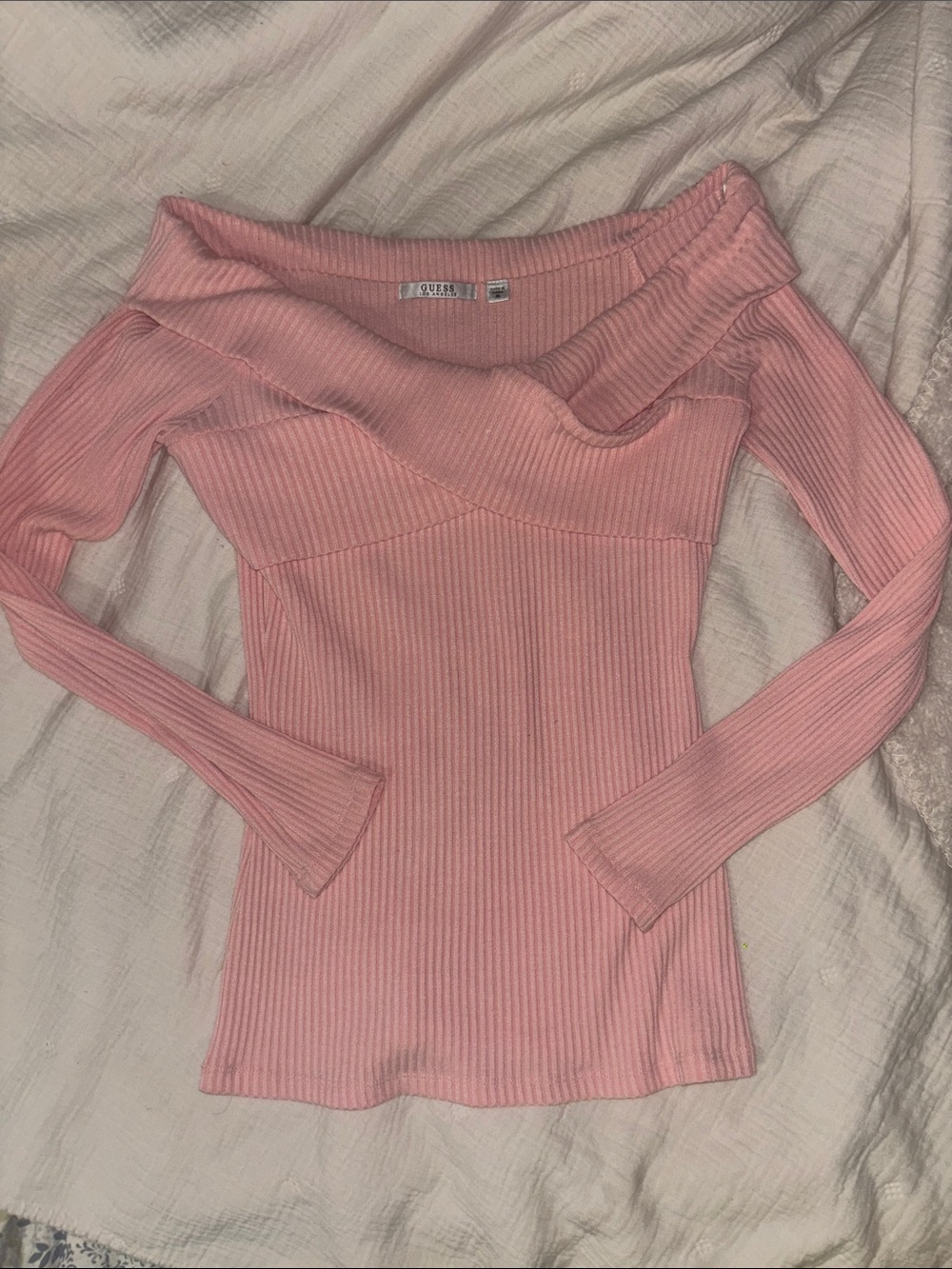 Guess Dusty Pink Ribbed Off-Shoulder Sweater